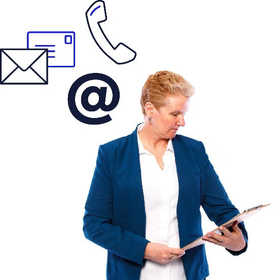 A woman reading a document with contact icons.