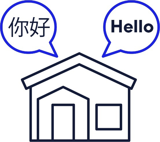 A picture of a house with speech bubbles showing different languages.