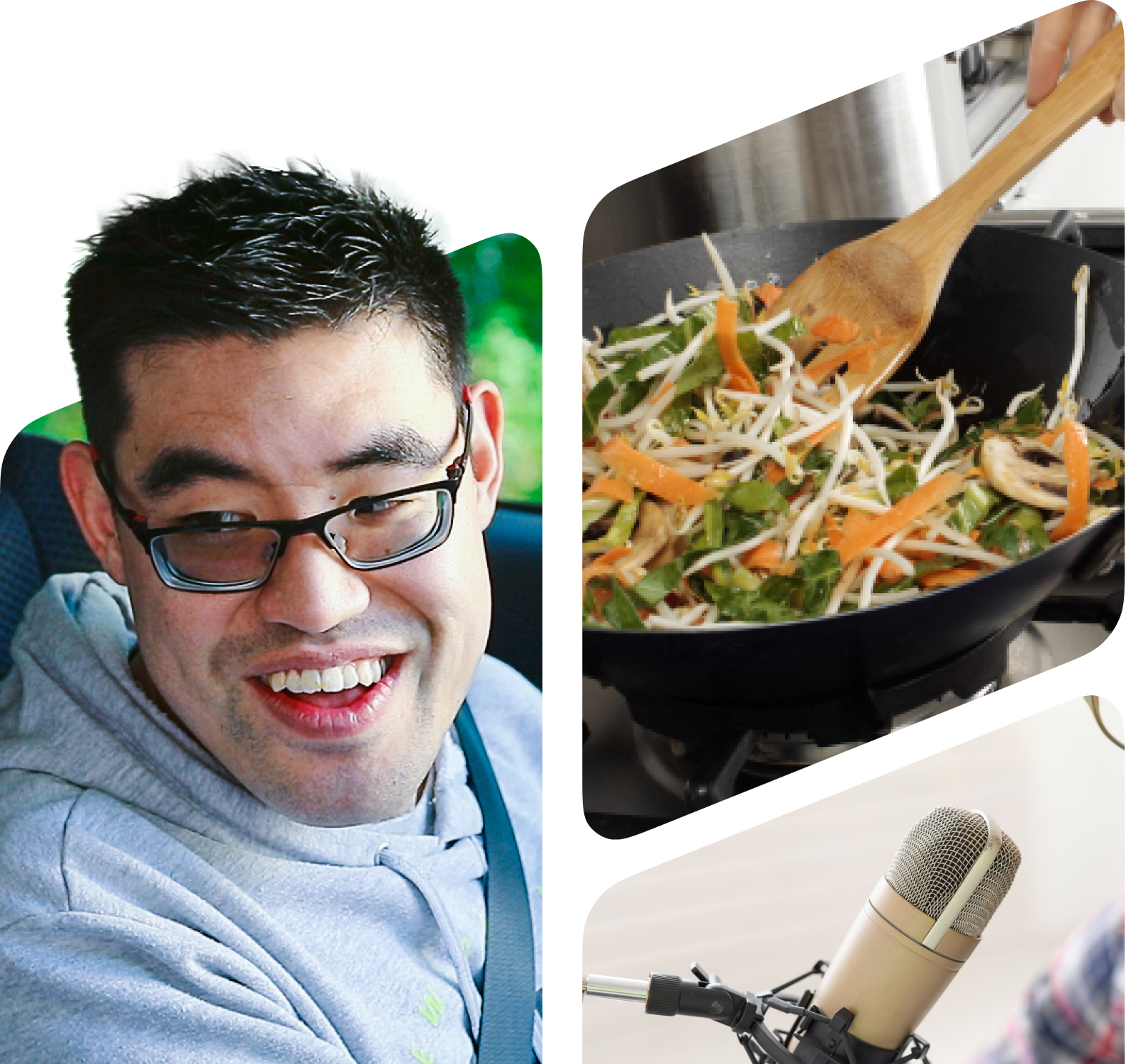 Hireup user Ben is smiling in a car. Next to him is a picture of a worker cooking a stir-fry and a microphone below. This represents his support.