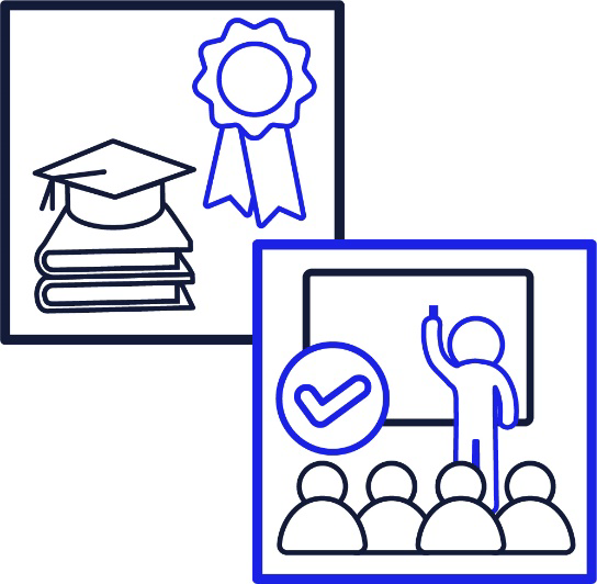 A picture of a badge, a graduation cap and people in a classroom.