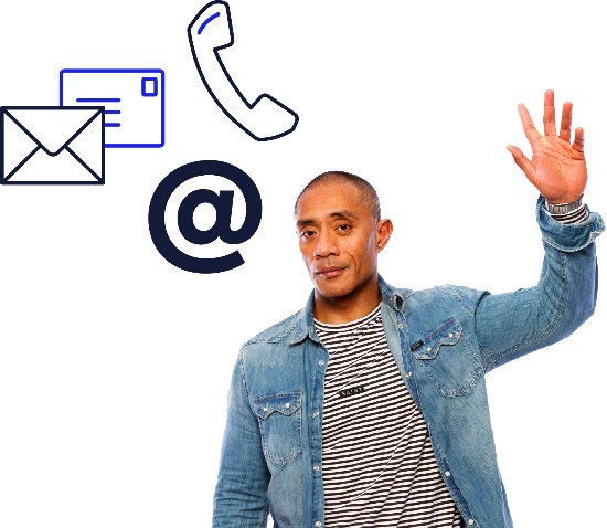 A man with his hand up and contact icons.