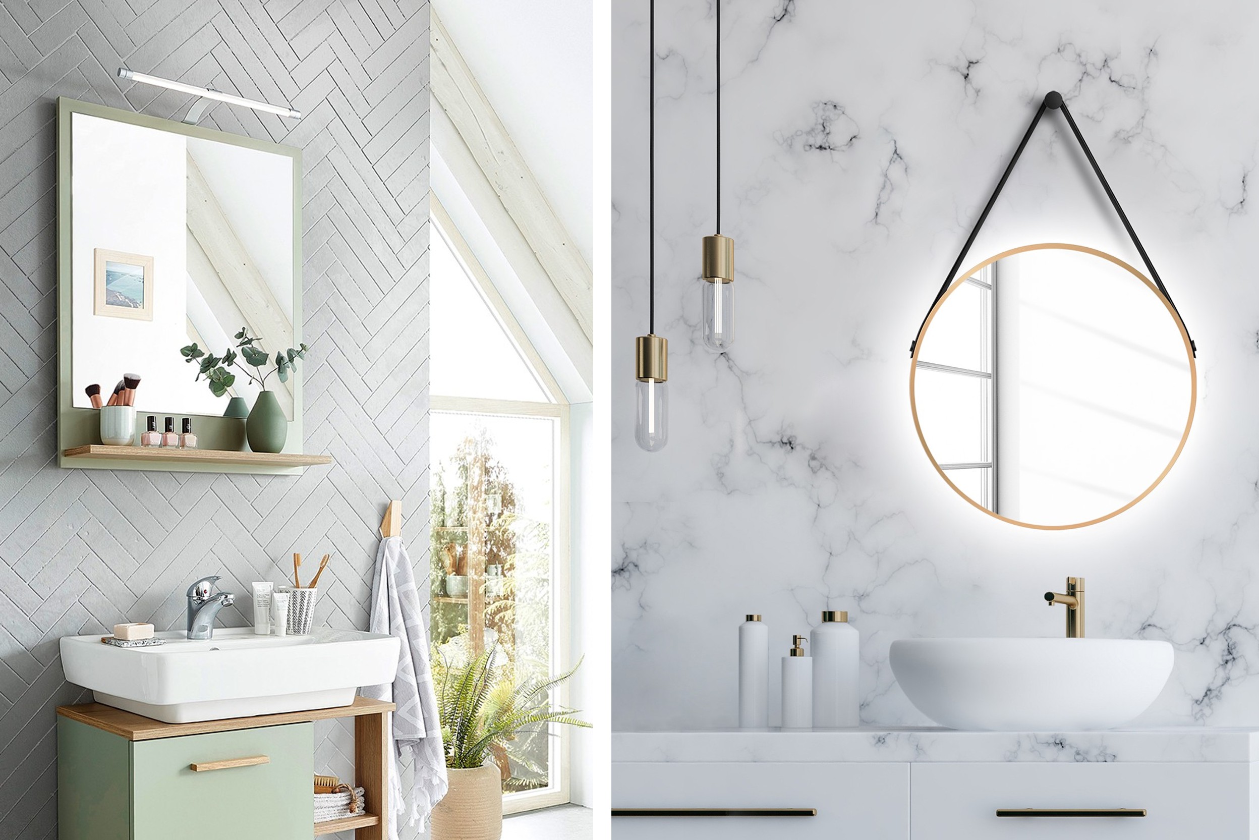 Helles Badezimmer mit Waschbecken mit Unterschrank und Spiegel mit Accessoires und Deko, runder Spiegel mit Beleuchtung an Marmor-Wand, weißes Waschbecken und Seifenspender