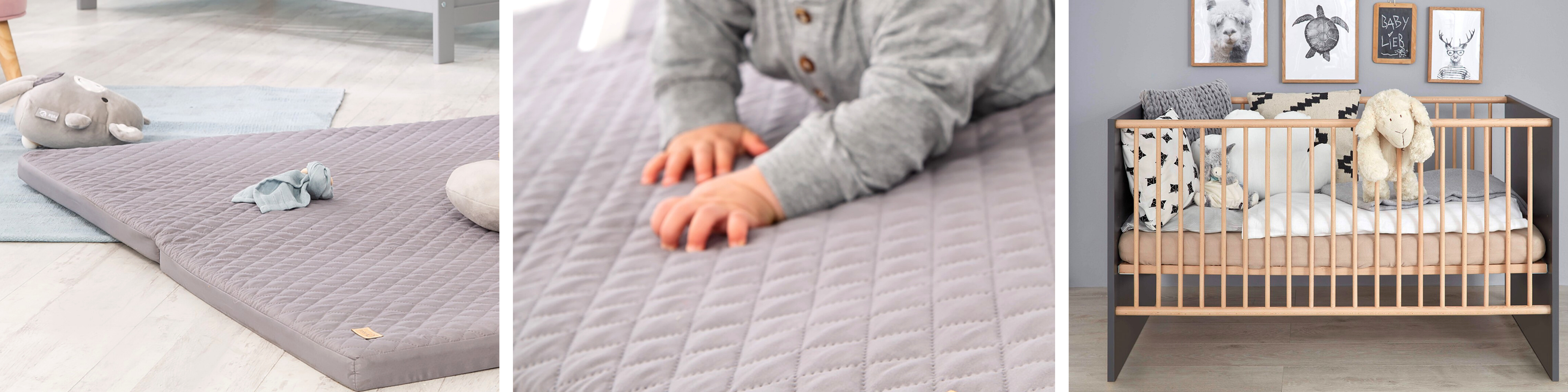 Photos en gros plan de matelas de bébé sur le sol, d'un enfant dessus et d'un lit à barreaux