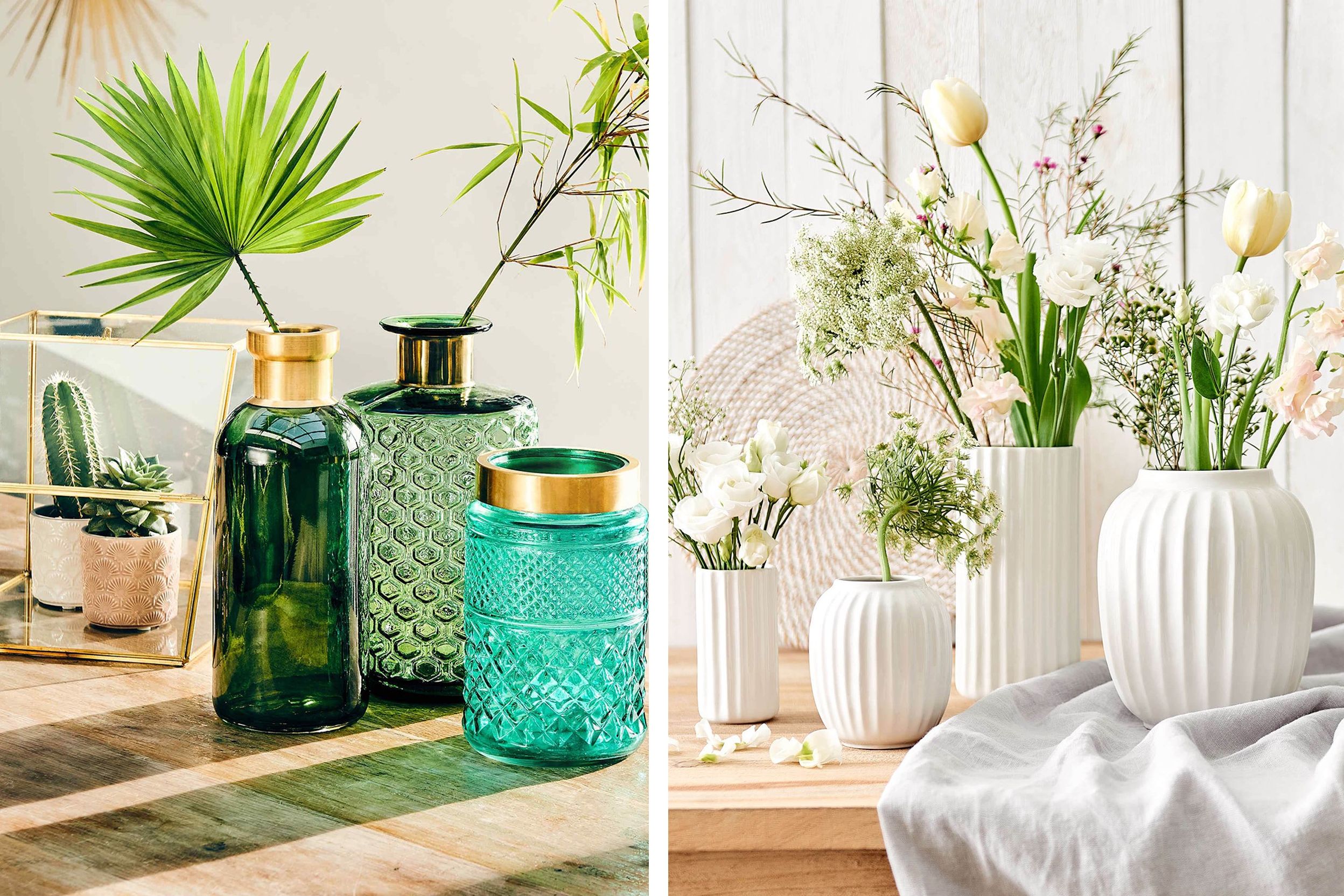 Grüne und weiße Vasen mit Blumen und Grünpflanzen