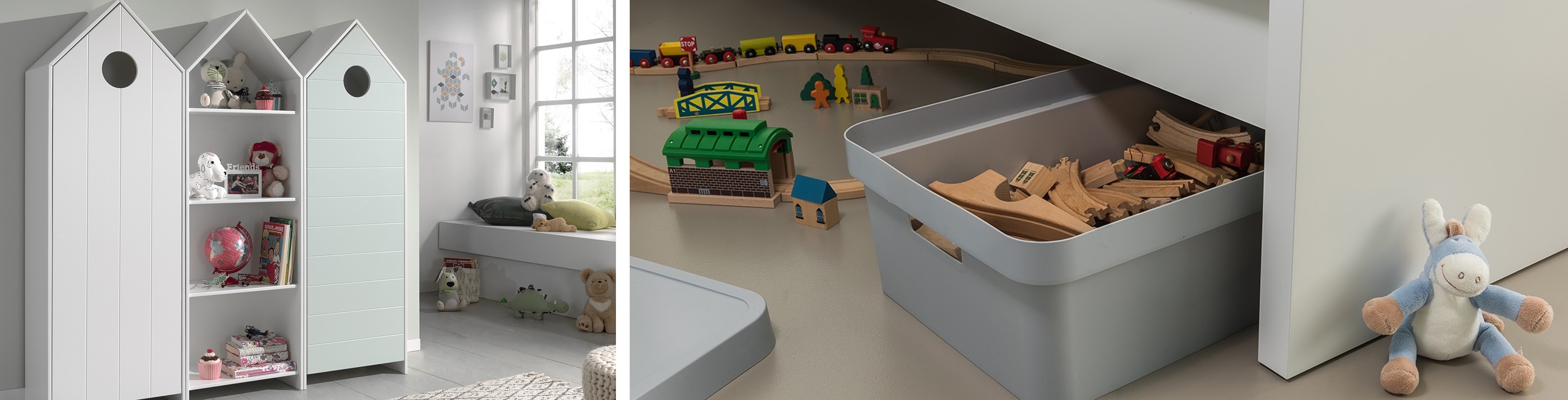 Schränke und Regal in Hausform, Spielsachen und Kuscheltiere, Holzeisenbahn, Box unter dem Bett, Kuschel-Esel