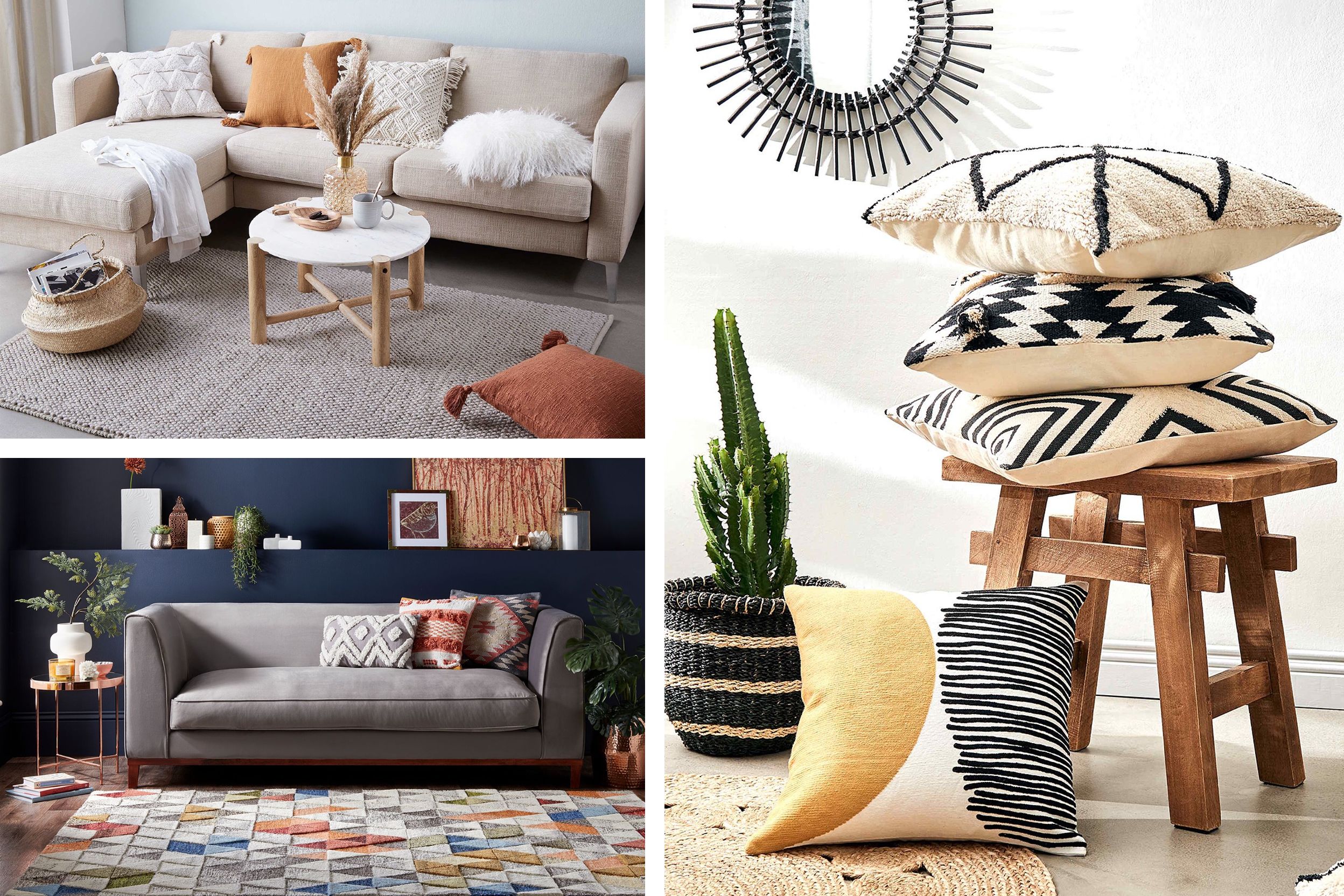 Gemütliche Teppiche, bunte Kissen und Textilien im Wohnzimmer