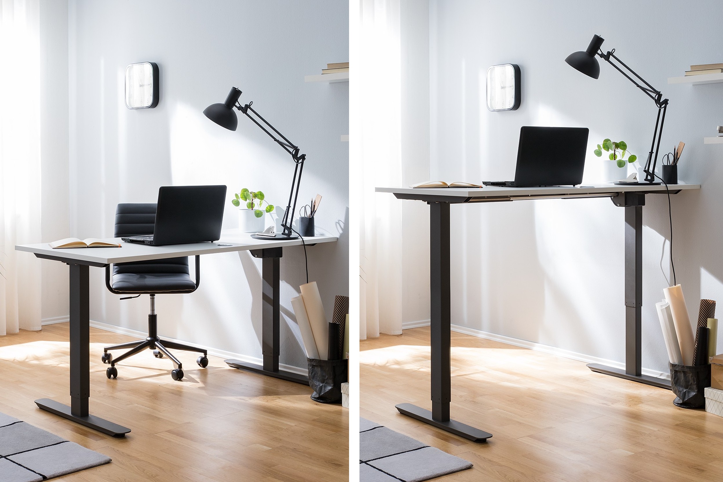 Höhenverstellbarer Schreibtisch mit schwarzem Laptop und schwarzer Schreibtischlampe