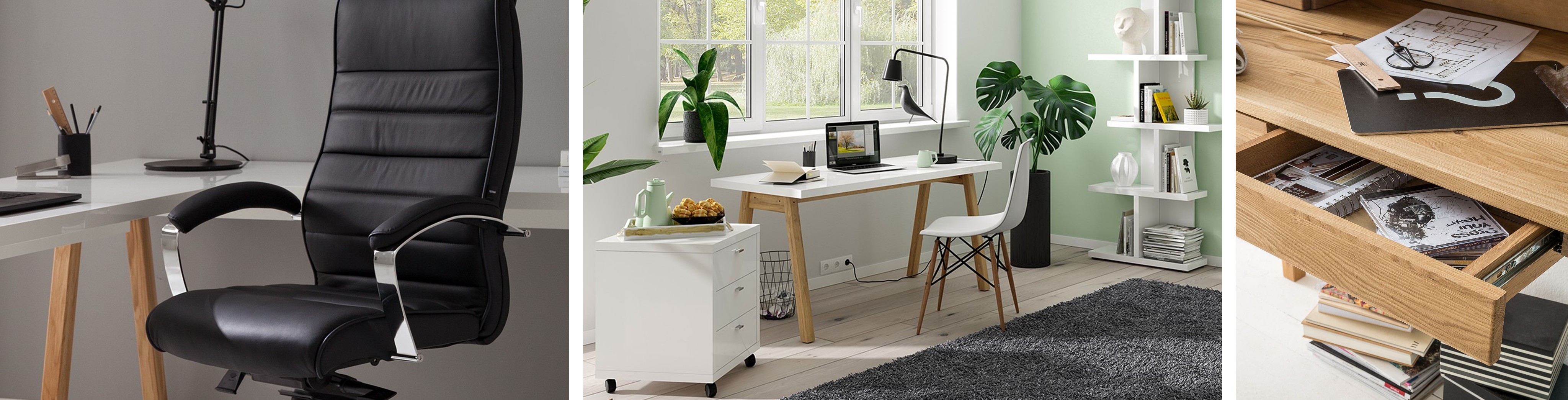 Schwarzer Chefsessel und weißer Schreibtisch im Skandi-Stil