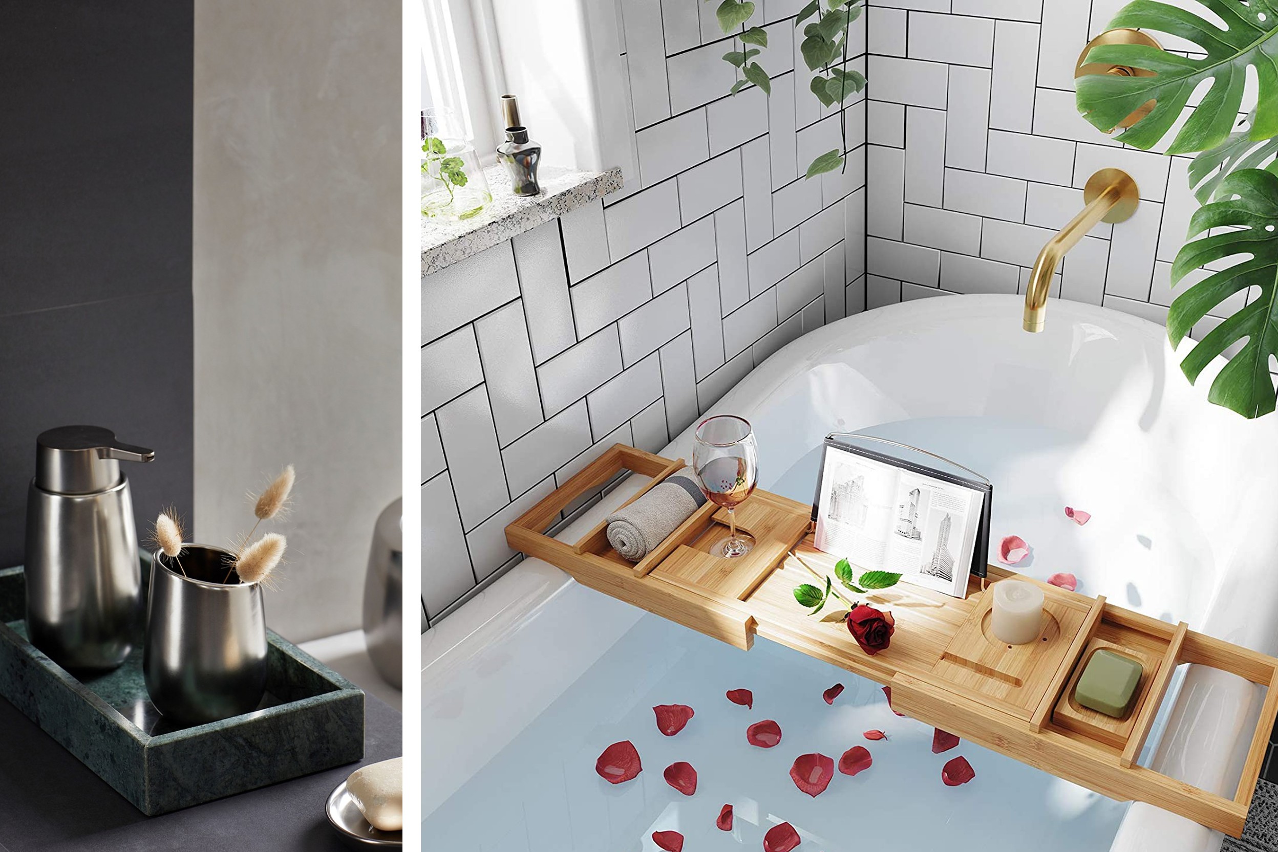 Glänzende Seifenspender und Becher auf Brett; Badewanne mit Rosenblätter und Bambus-Badewannenablage