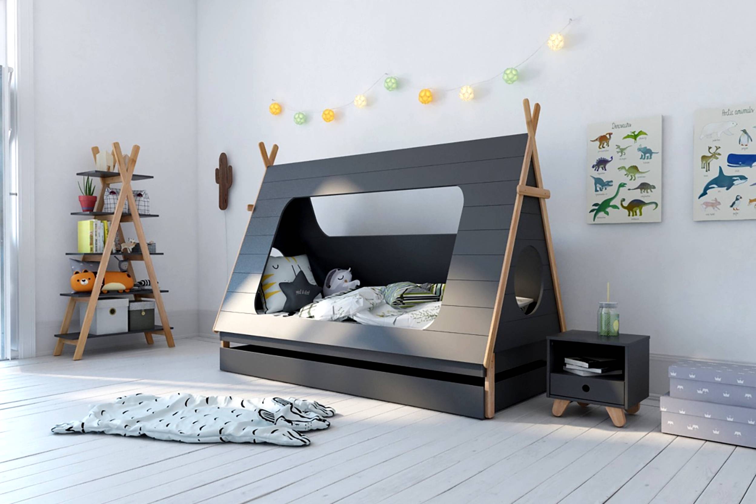 Graues Hausbett Sven mit Holzelementen in Kinderzimmer