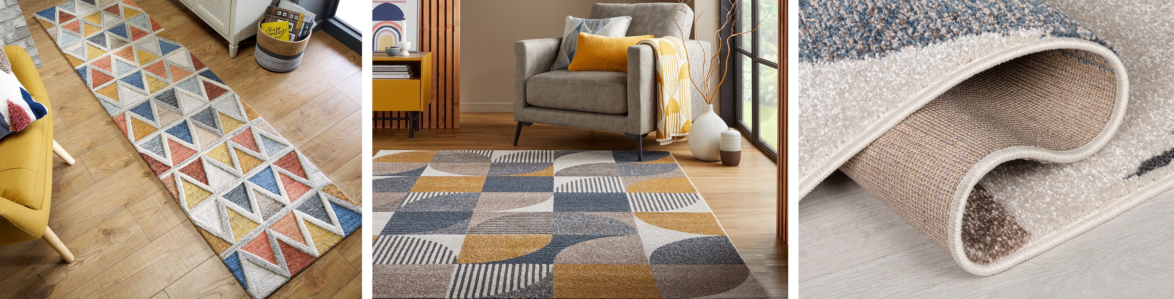 Bunte Teppiche: ein Teppichlaufer und ein großer Teppich