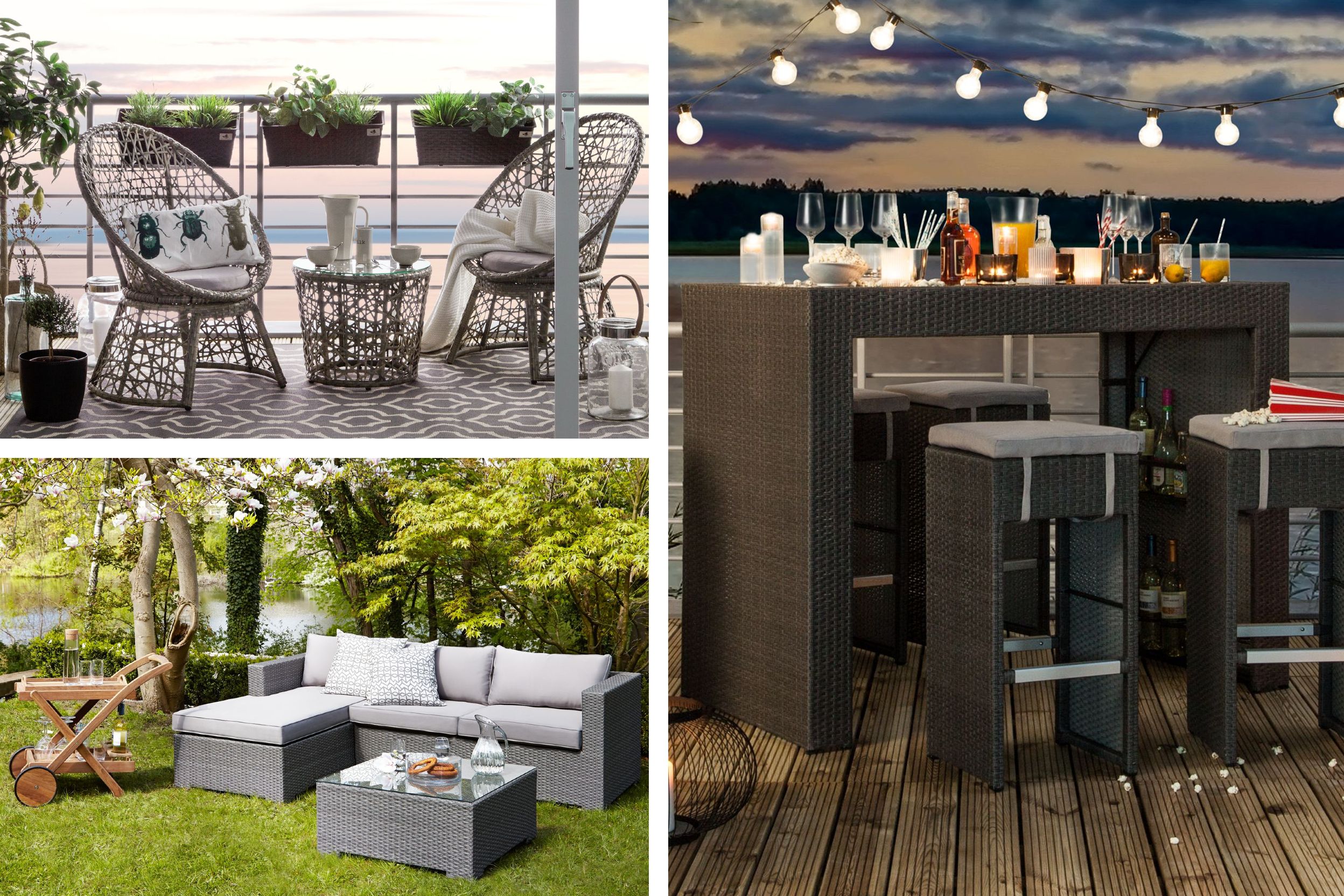 Polyrattan-Möbel wie Sessel, Barhocker und Loungesofas sind ideal für draußen