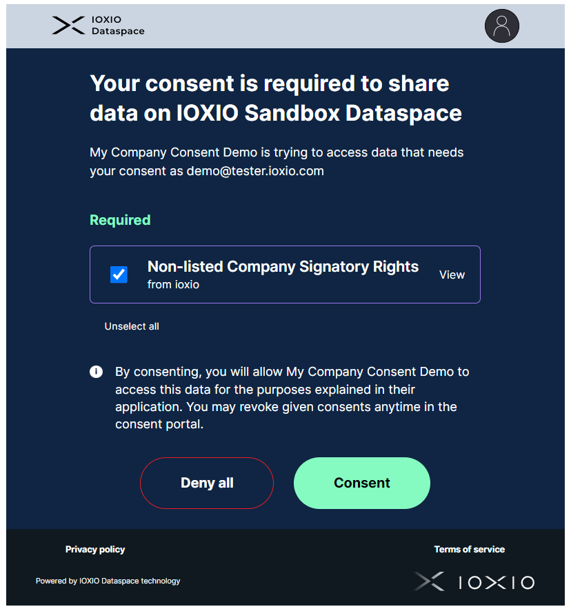 Screenshot of consent portal after logging in