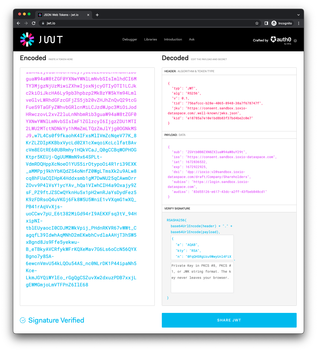 Screenshot of the consent token when viewed at jwt.io