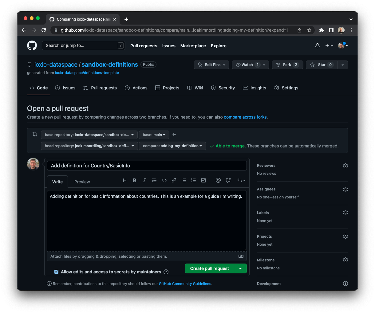 Screenshot of pull request in GitHub