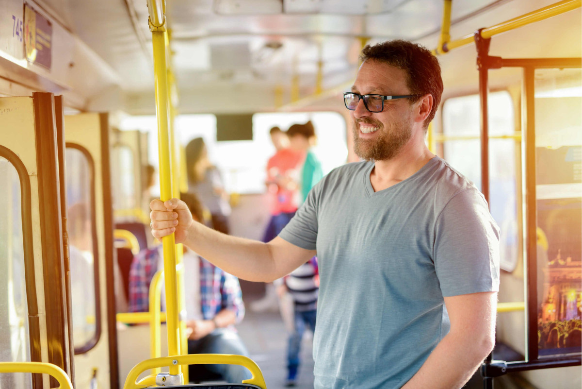 happy bus commuters