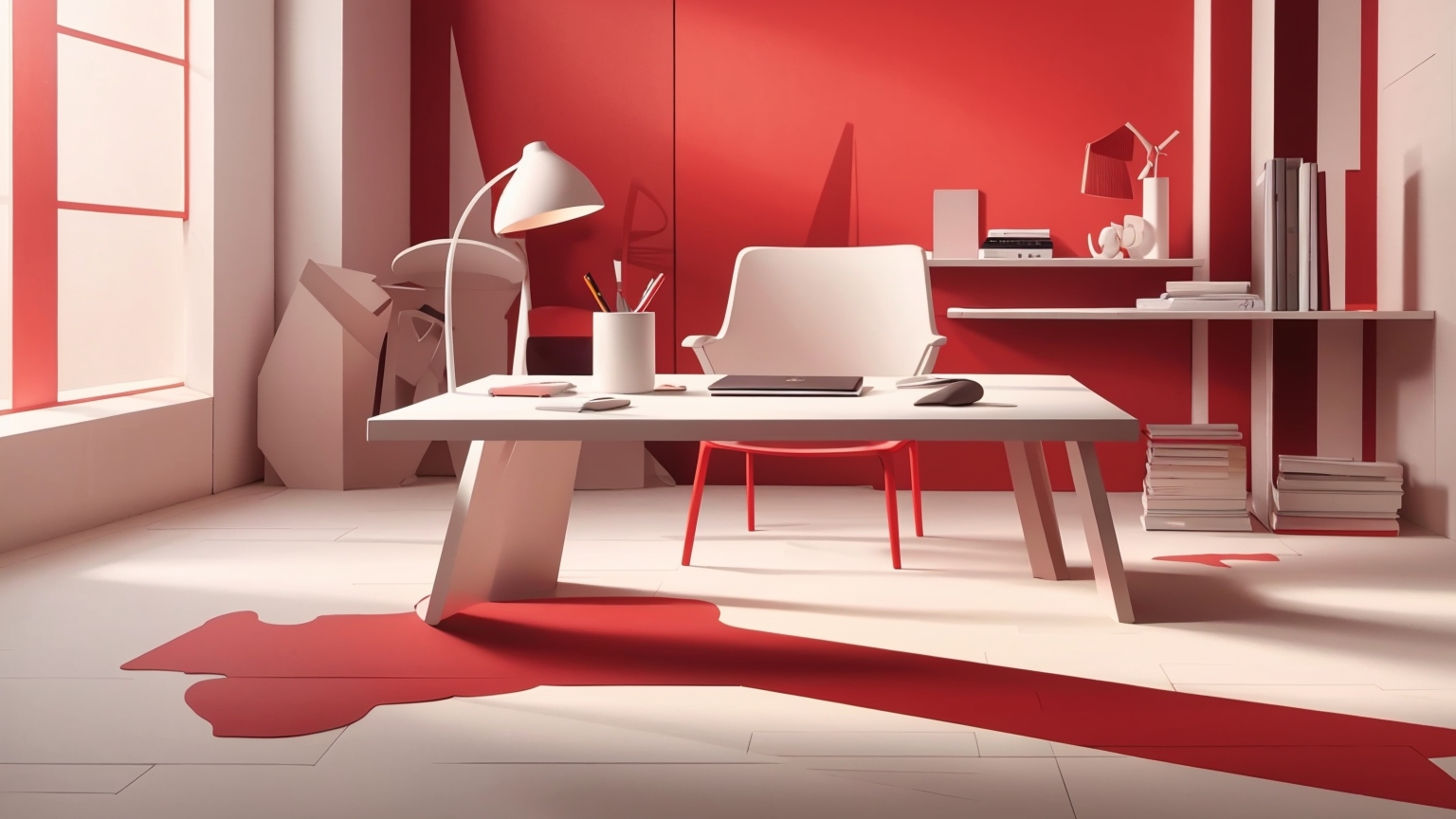 Minimalist office space with bold red accents, representing modern UX design examples that emphasize clarity and user-focused environments.