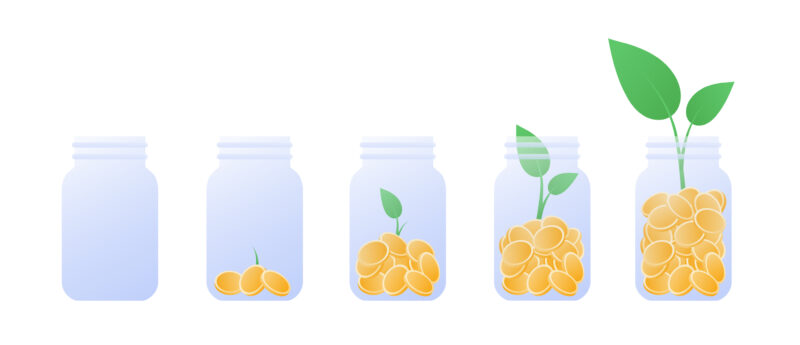 Illustration of the progression of a plant growing from seeds in a jar from Getty Images 