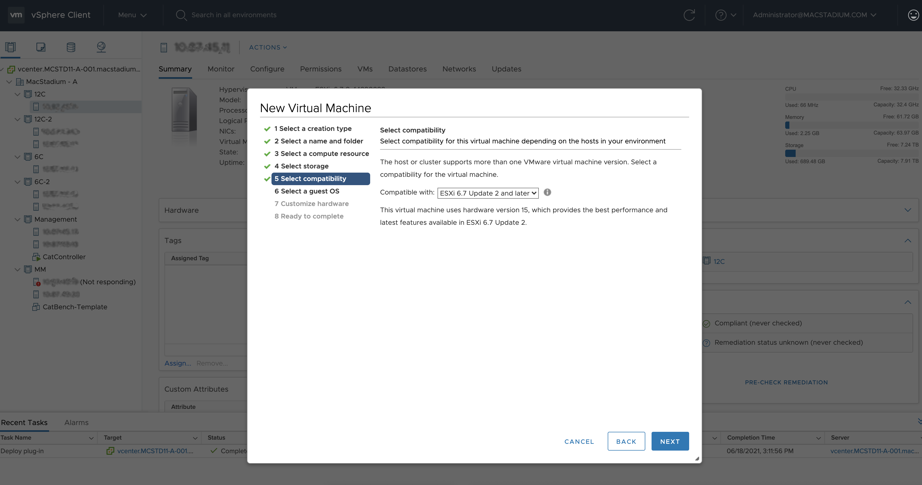 New Virtual Machine step 5: select compatability. Compatible with ESXi 6.7 Update 2 and later selected