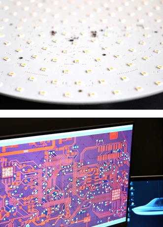 Closeup view of smart lamp surface with lighting sensors from Luke Roberts, sensor chips showed on screen