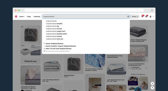 Suggested searches for "weighted blankets" on Pinterest