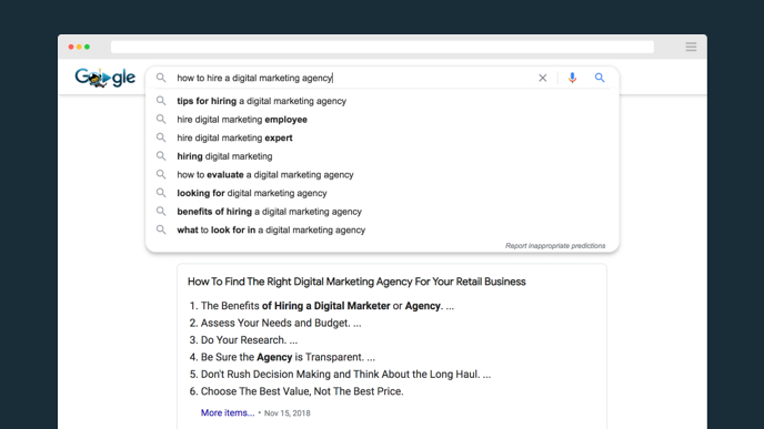 Google search for How to hire a digital marketing agency