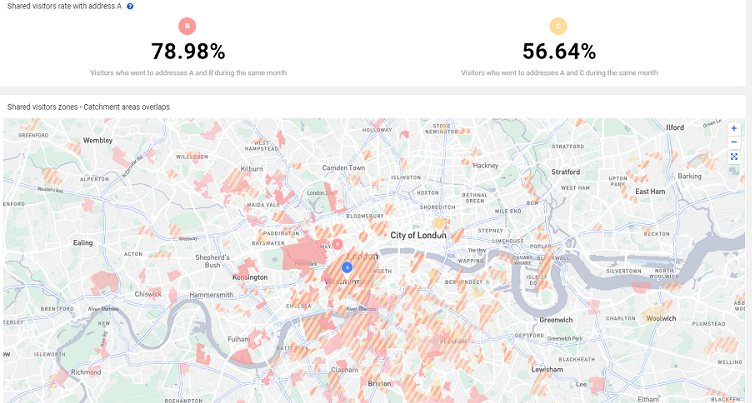 Map showing cannibalisation between 3 stores in London 