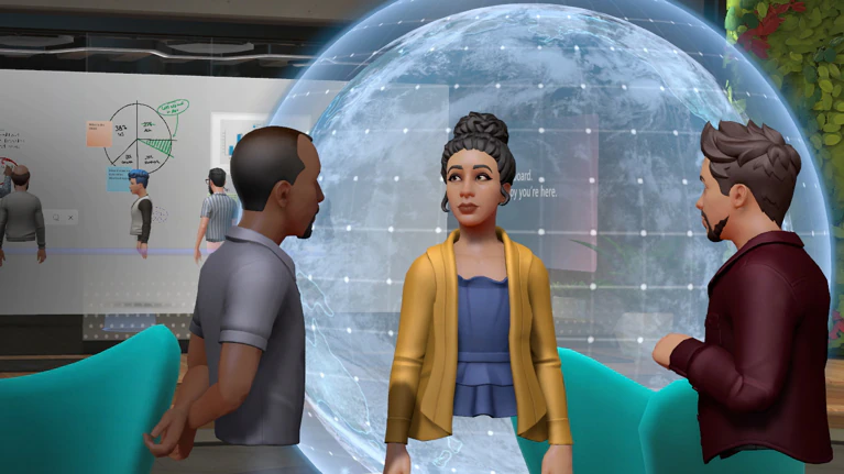 Microsoft Mesh and Microsoft Teams avatars in a mixed reality meeting space