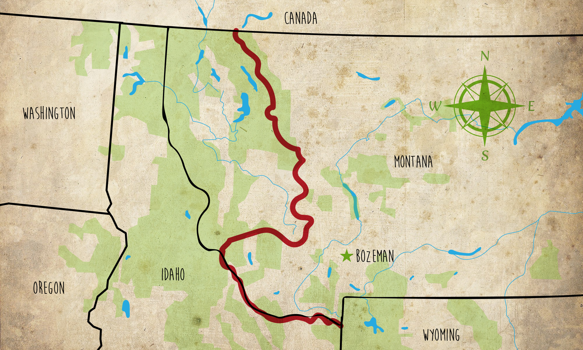 Mapped route of the Continental Divide Trail over Montana.
