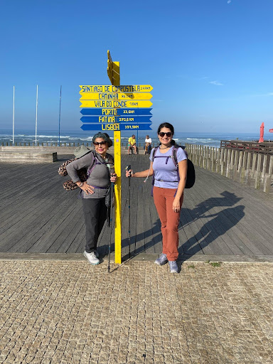 Karla Amador and her mother at a crossroads of the Camino de Santiago hiking trail. 