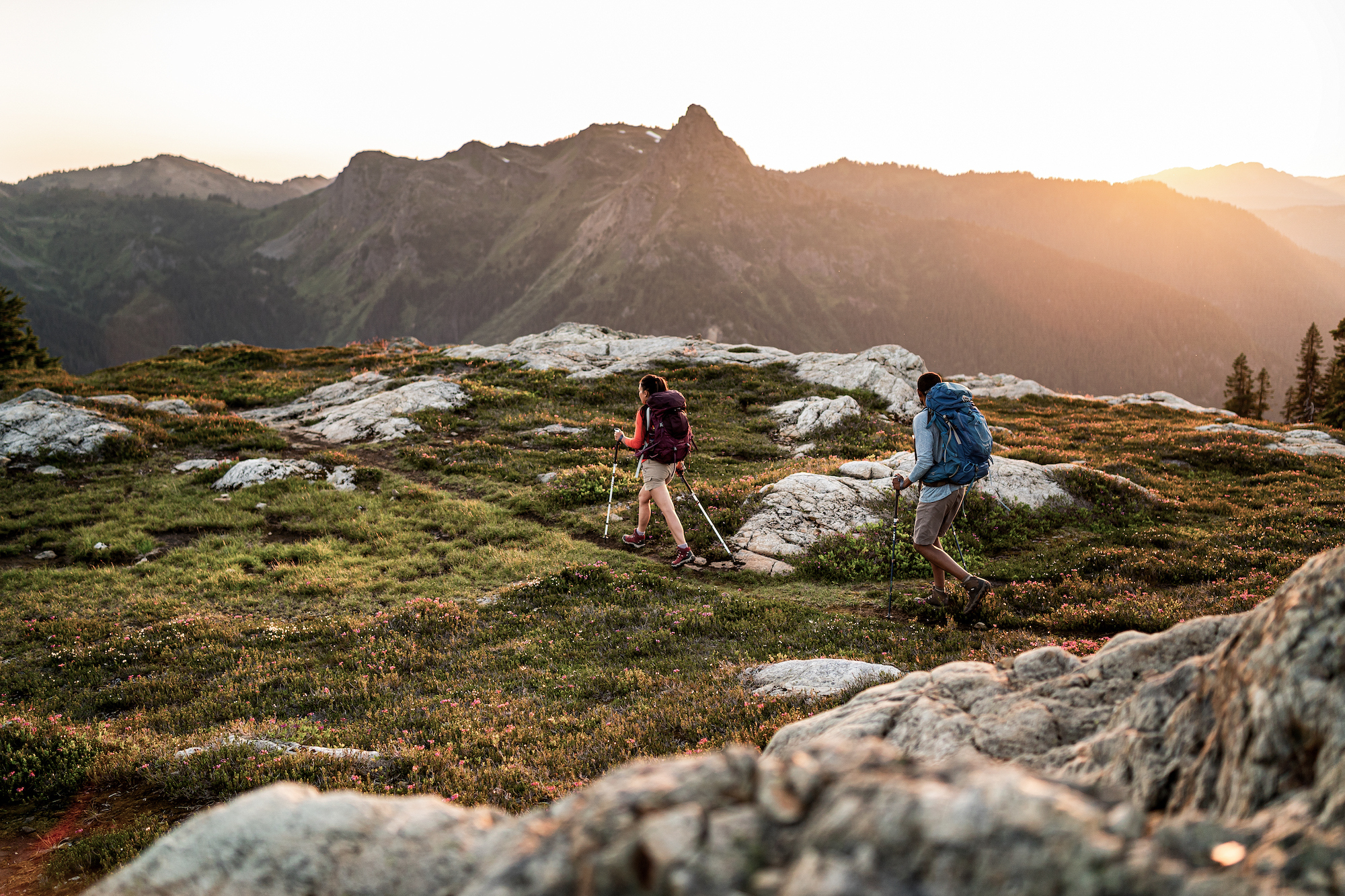 Hikers on the beautiful trail in the evening with mountains in the background