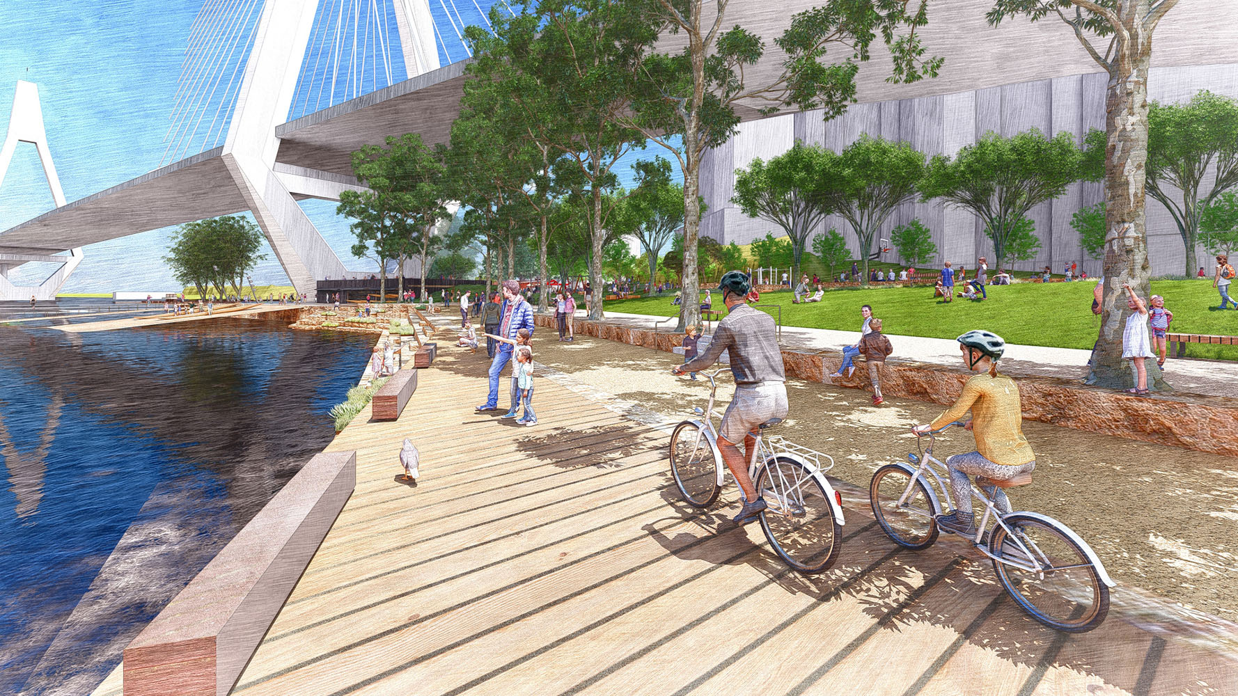 A digital render of a waterfront park. Two people are cycling along the boardwalk. There are trees to the right, and a large bridge in the background.