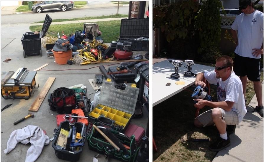 Mess of tools while contractors shape a door in front of a customers home.