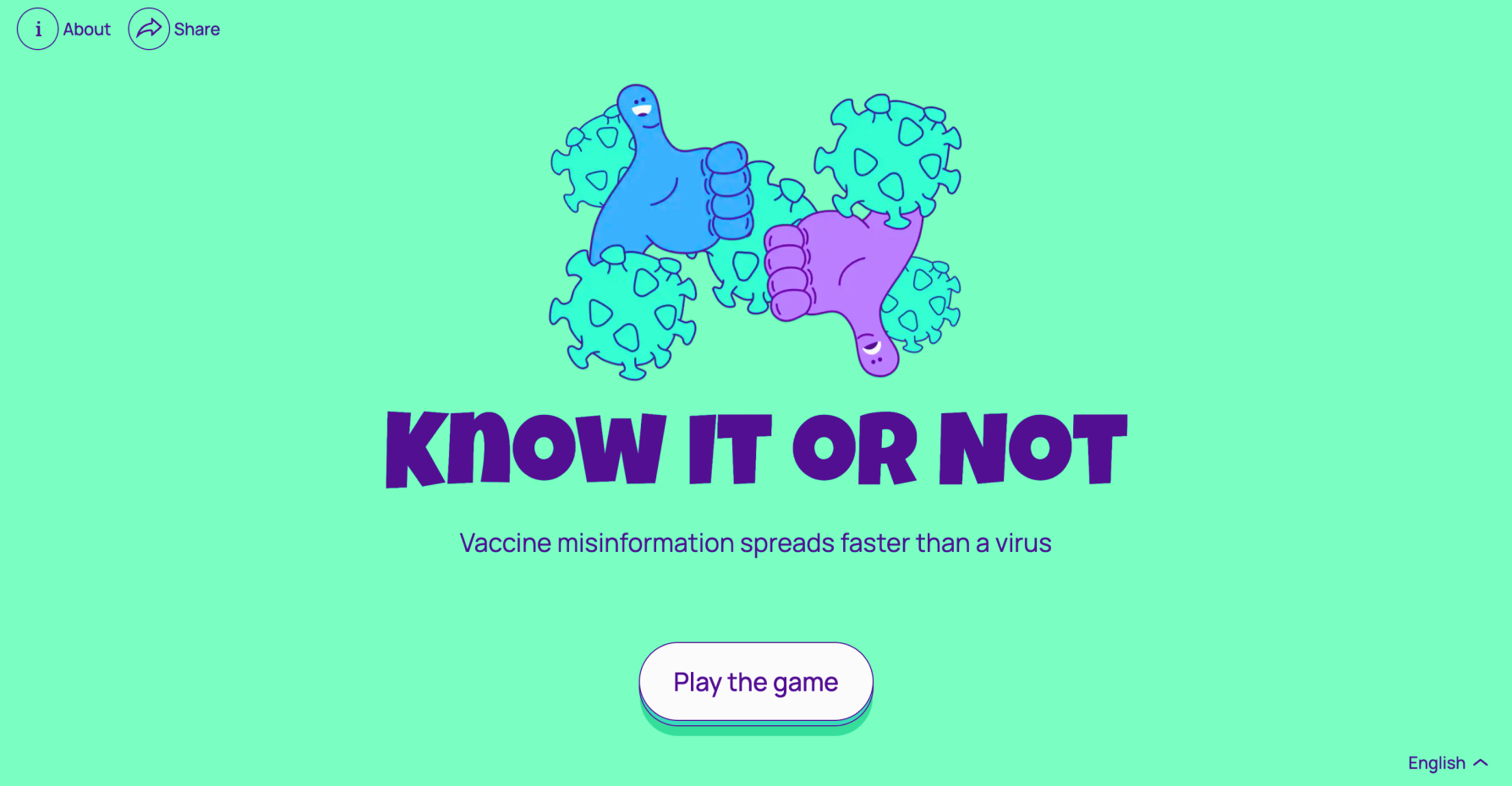 Screen capture of the game "Know it or Not" showing two opposing thumbs transposed on drawings of virus molecules.