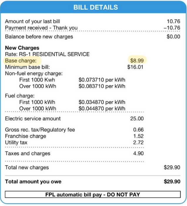 A sample electricity bill from Florida Power & Light that highlights base charge, one of the various charges that comprise a total electricity bill. 