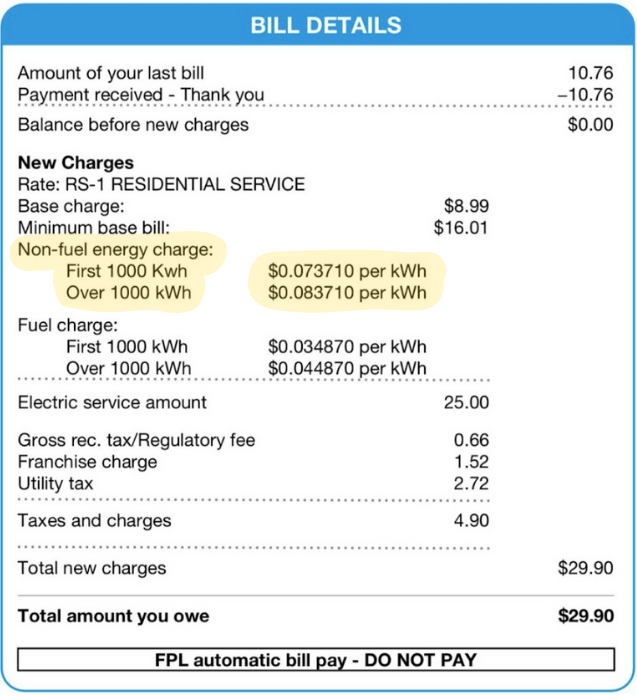 A sample electric bill from Florida Power & Light that highlights a tiered-rate energy charge, one of the four common ways utilities charge for electricity. 