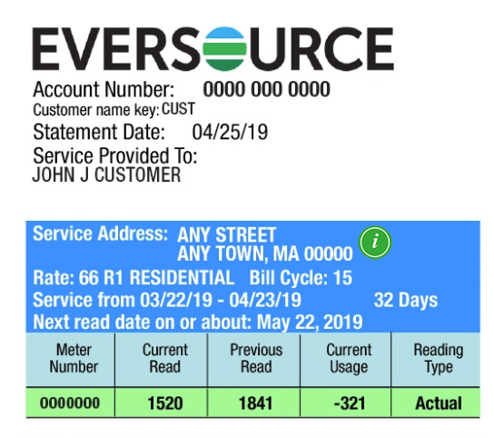 A sample electricity bill from Eversource that shows where basic account information is located for customers with solar panels, like account number and billing cycle. 