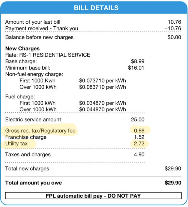 A sample electric bill from Florida Power & Light that highlights taxes that the utility provider might charge customers as mandated by their city, state, and county. 