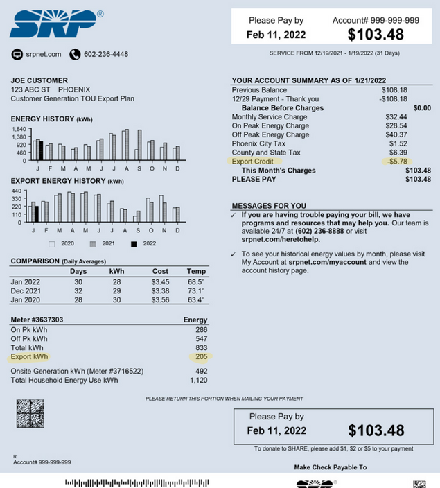 A sample electric bill from Arizona utility company Salt River Project that highlights the net billing or export credits a customer with solar panels might see on their statement. 