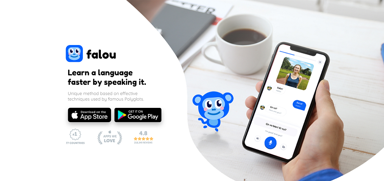 English learning app Falou | Blue monkey and photo of a cell phone with a chat box.