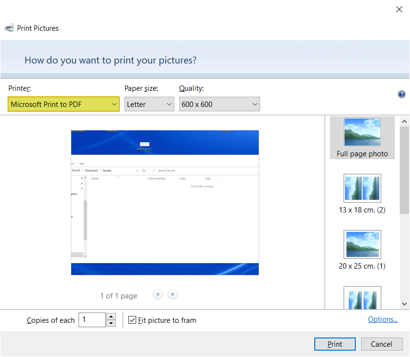Print Pictures dialog box with the Printer set as "Microsoft Print to PDF", with the option highlighted. 