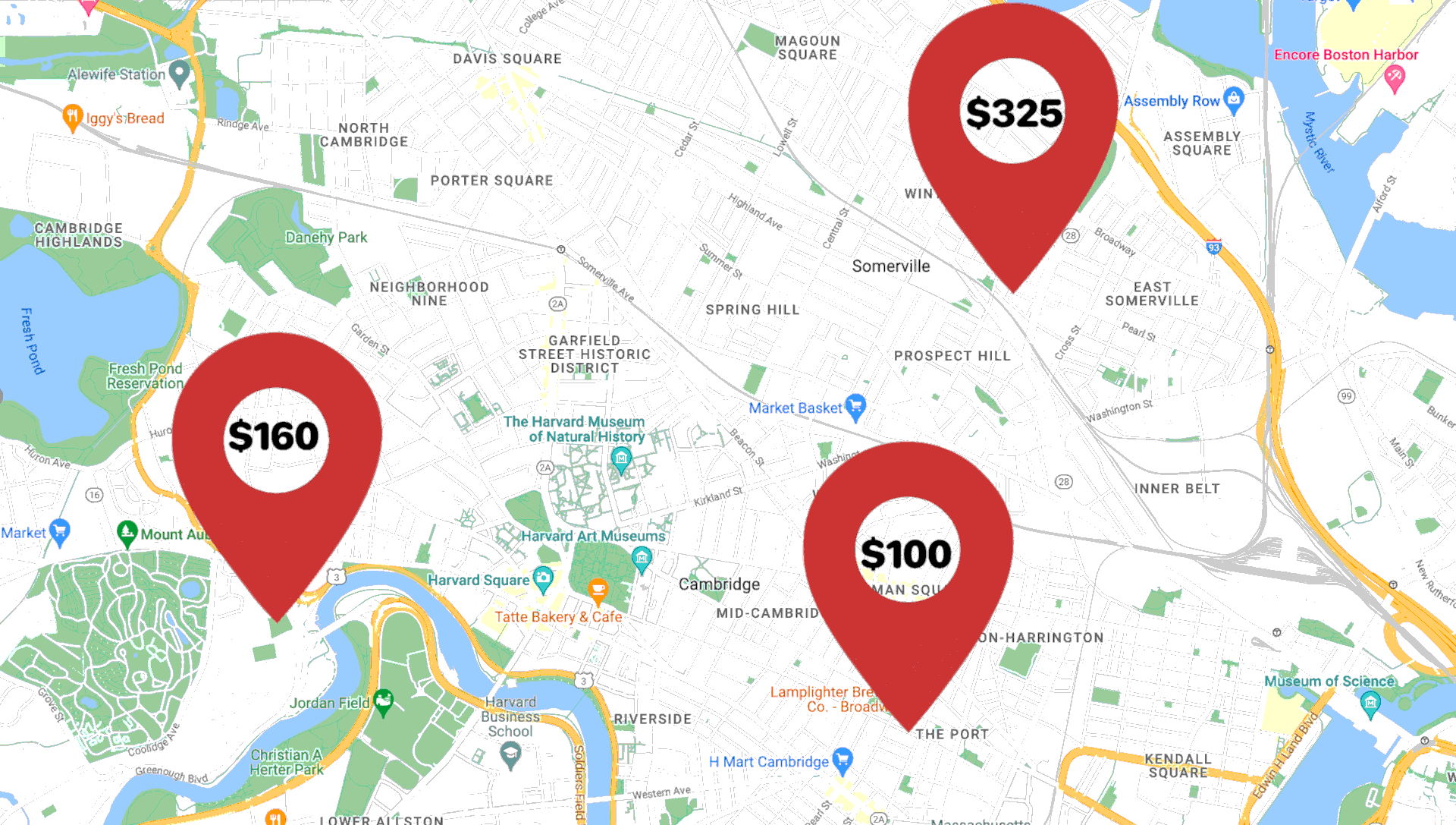 A map with markers showing the dynamic pricing strategy based on the location of services like hotels