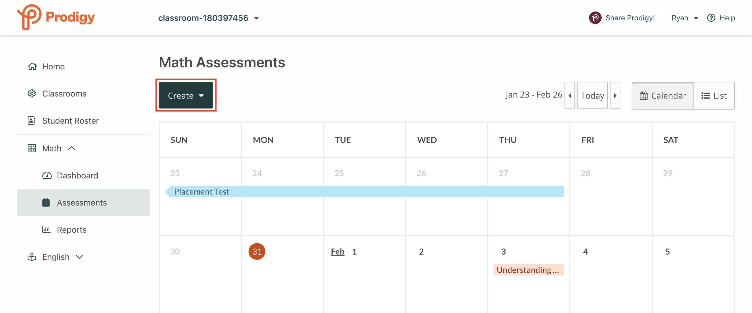 Screenshot of dashboard showing math assessments in calendar form.