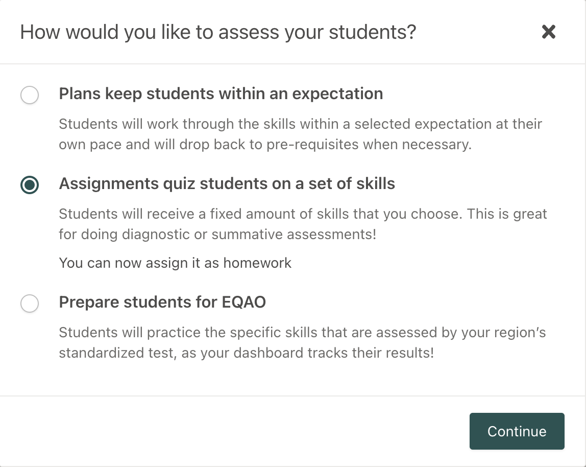Screenshot of assessment options for students in Prodigy Math Game.