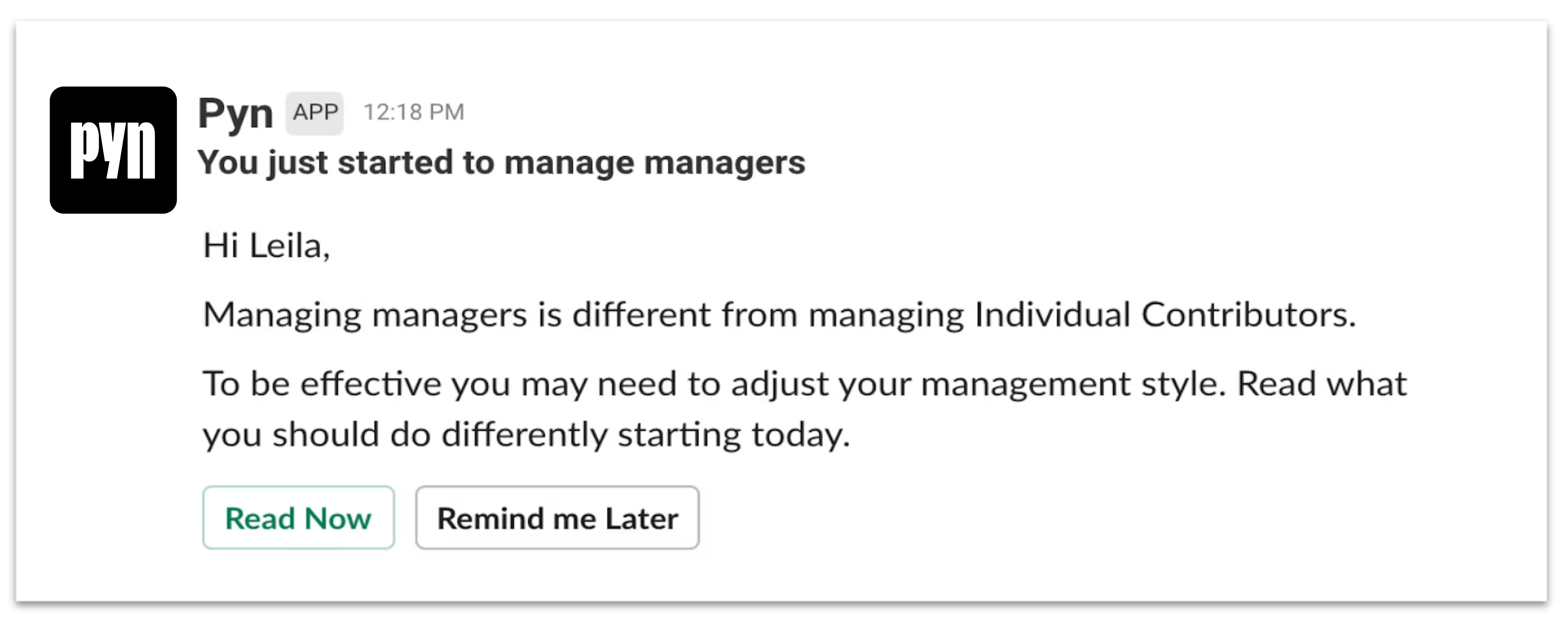Slack message to a new manager from Pyn