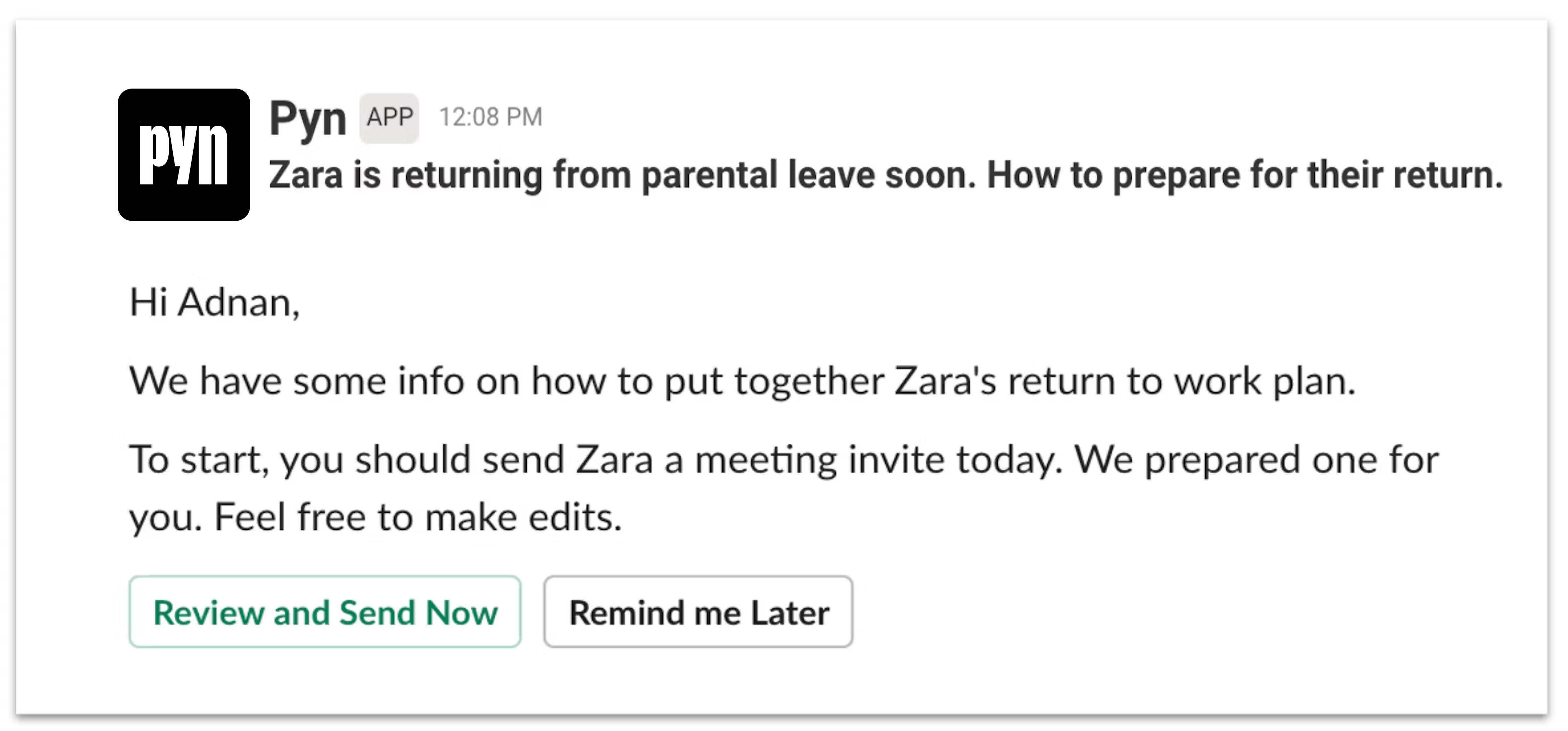 Slack message supporting a returning parent