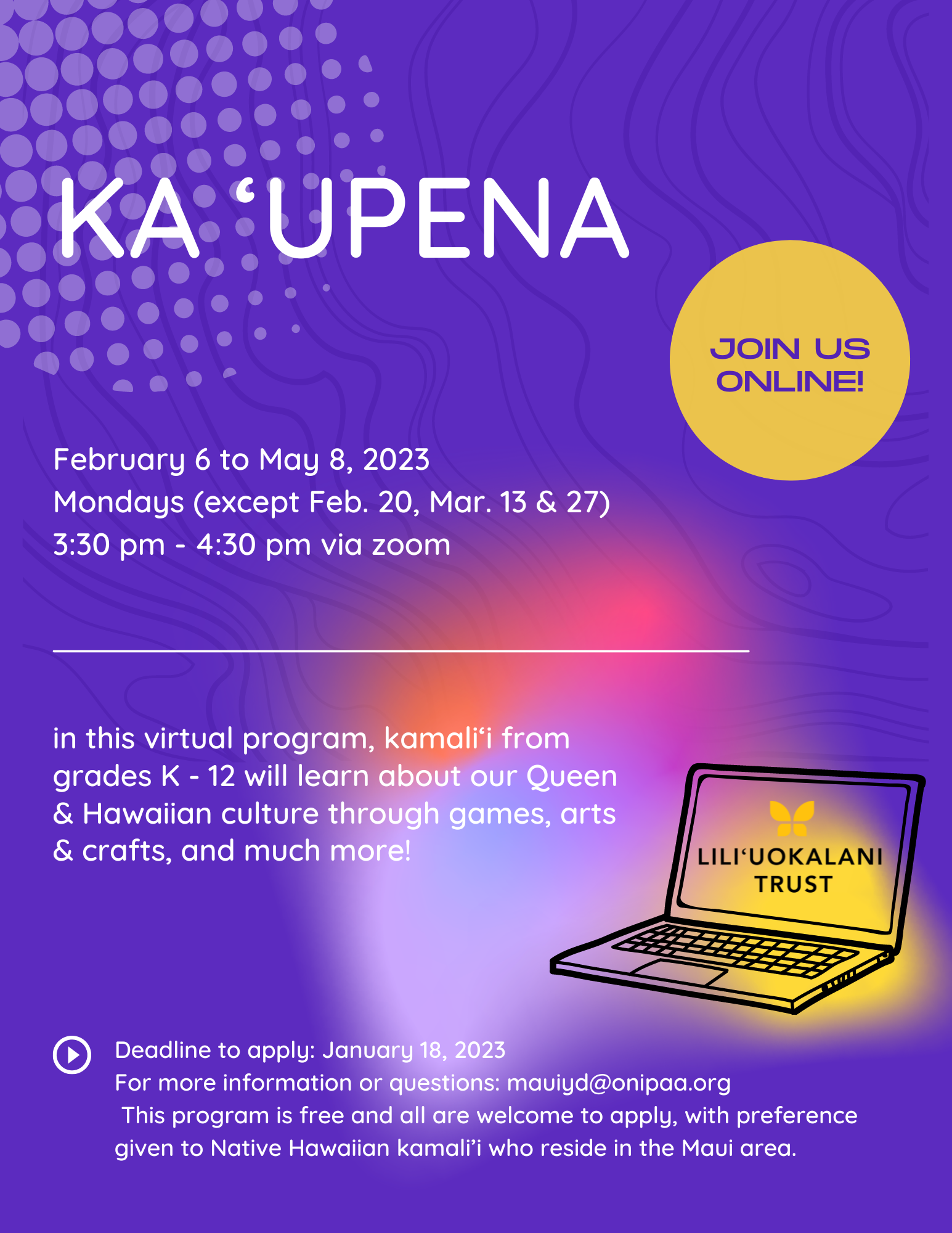 The poster for Ka ʻUpena, a virtual learning program for youth on Maui.