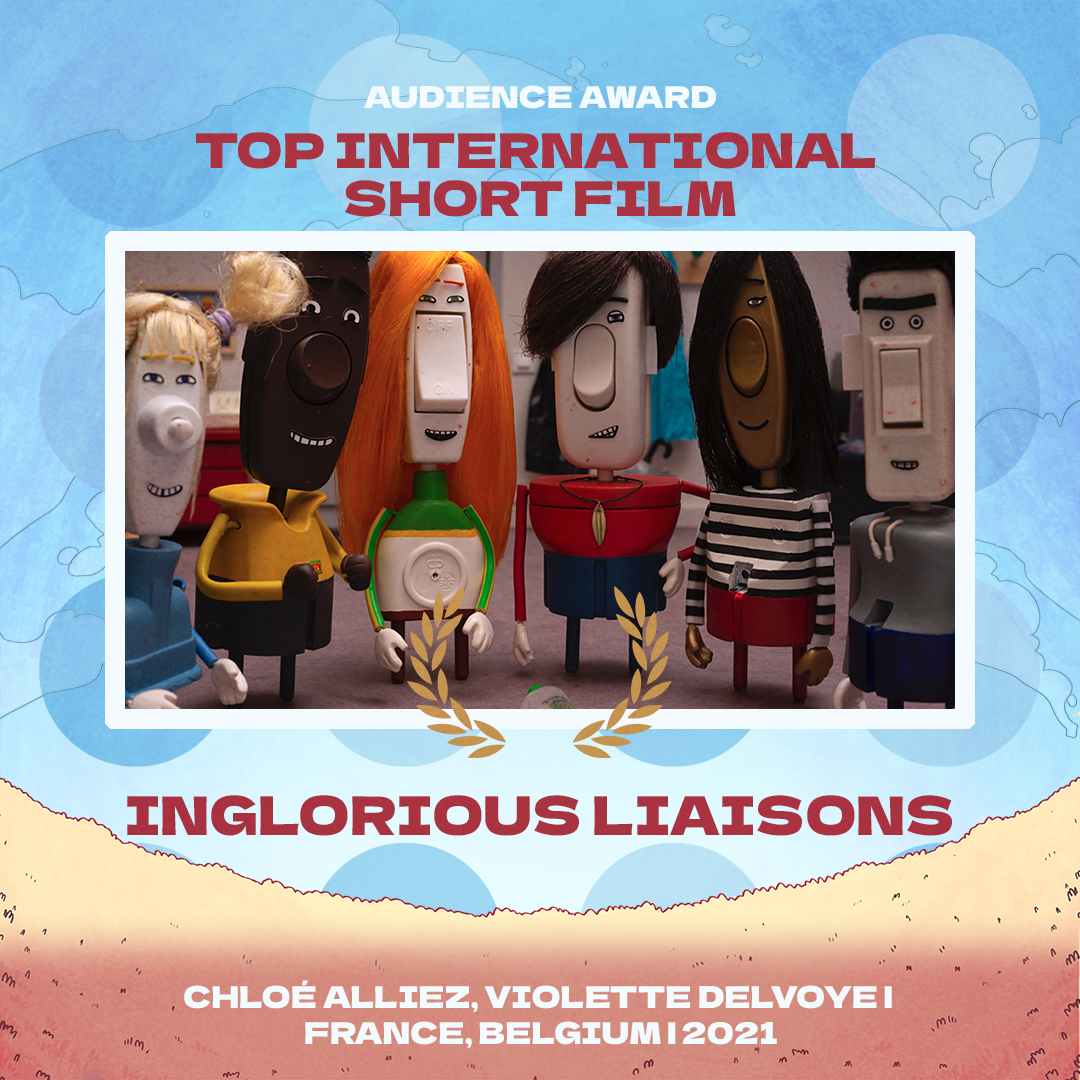 Text reads: 
AUDIENCE AWARD
Top International Short Film
Inglorious Liasons
Chloe Alliez Violette Delvoyei
France, Belgium | 2021