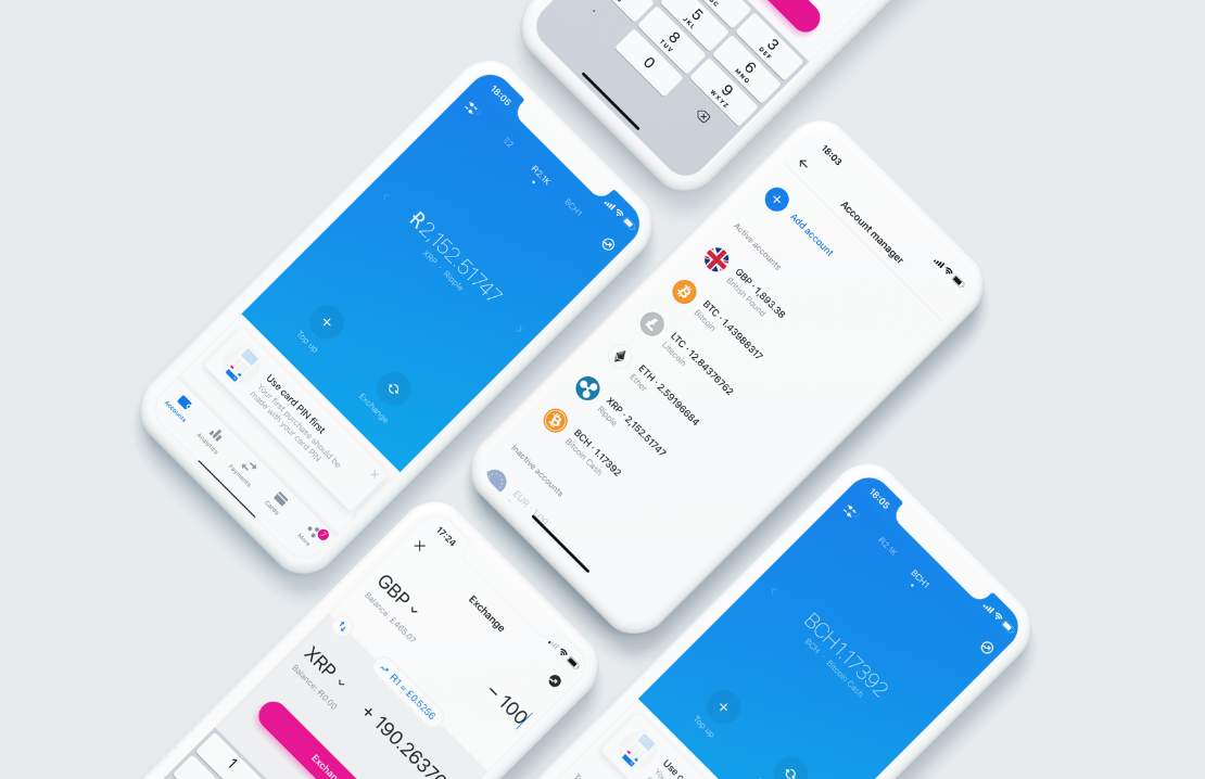 Mobile phones with the revolut app shwcsaed, white anad blue colors