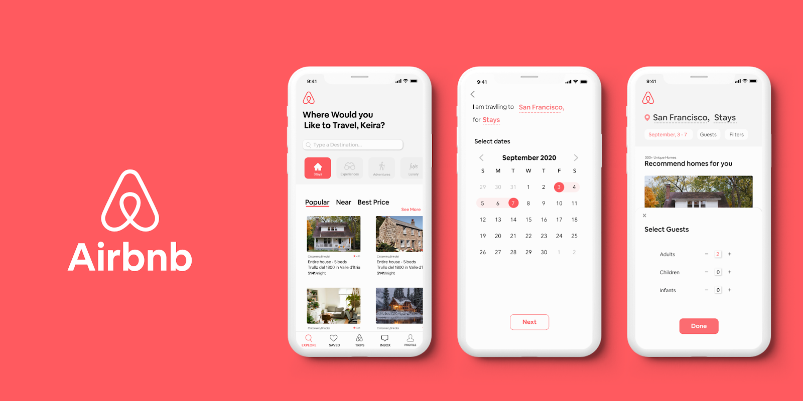 aibnb application, red backgroound and a showcase of airbnb app